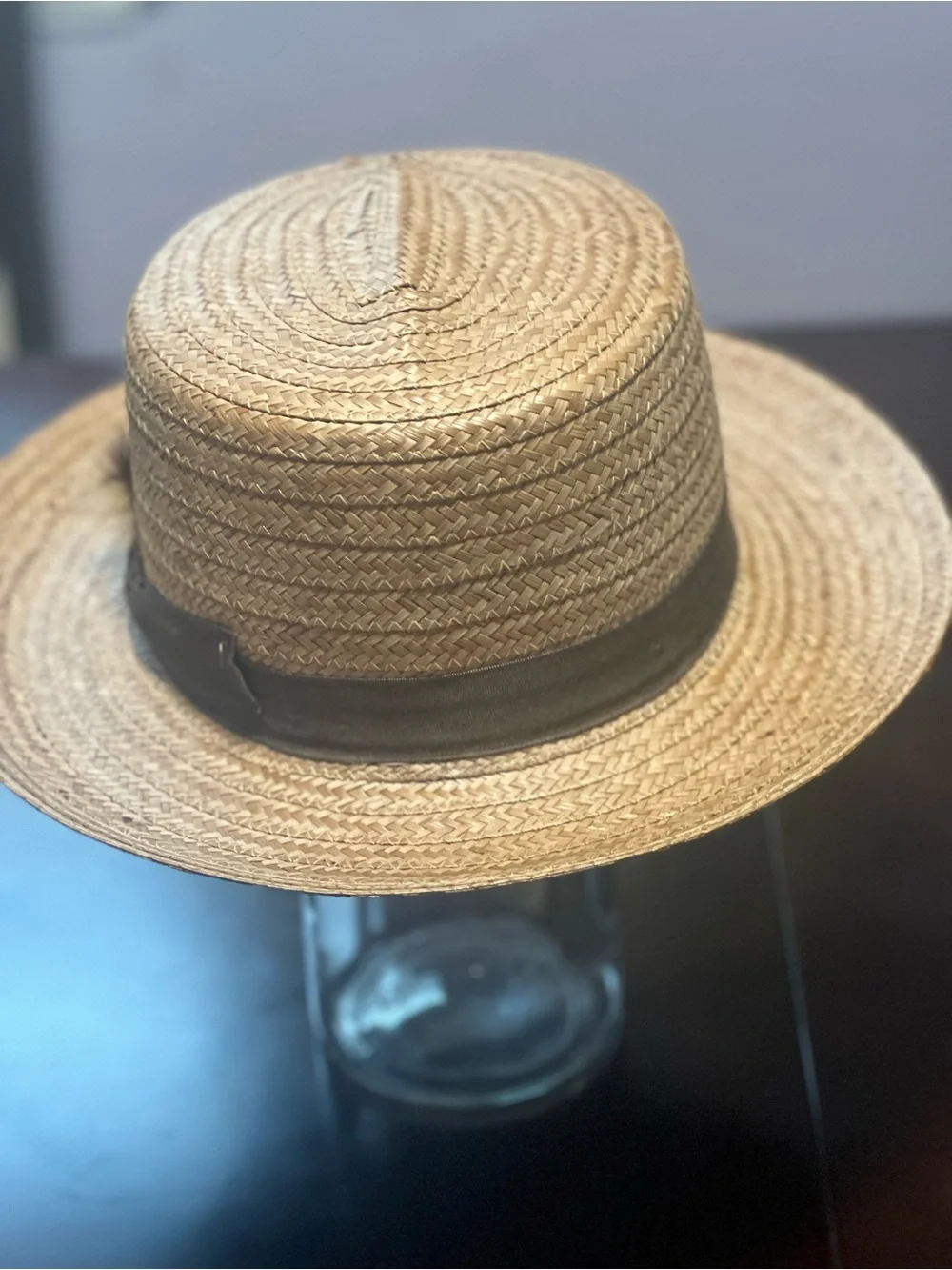 Men's Natural Straw Boater Hat with Black Band and Feather Accent